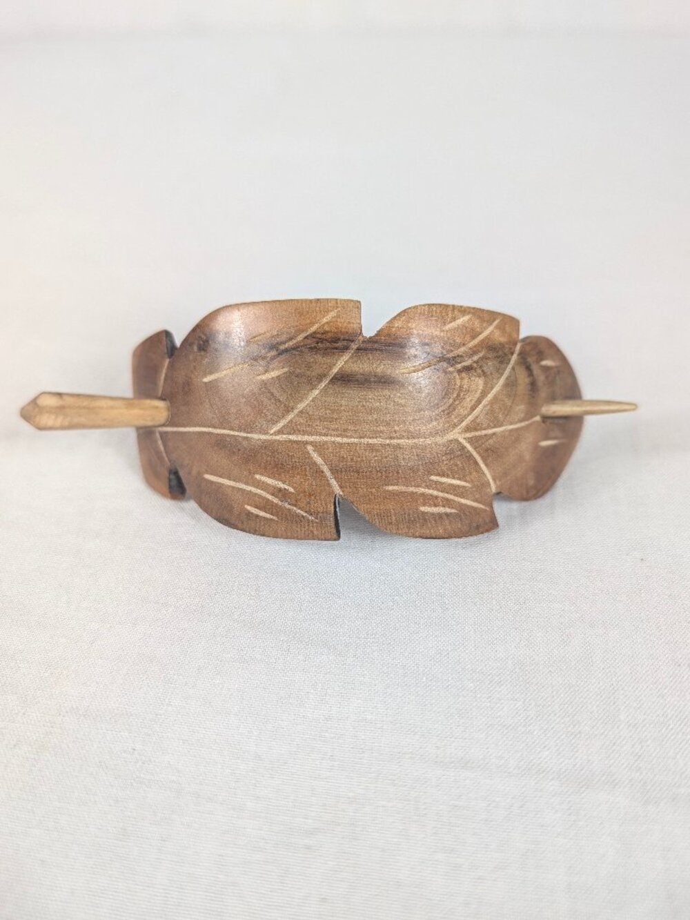 Wooden Feather Leaf Hair Pin Clip Vintage Carved Brown Tan Festival Boho Wedding